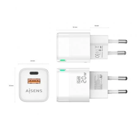 Aisens Cargador GaN 20W con USB-C PD3.0 y USB-A QC3.0, Blanco Aisens Cargador GaN 20W con USB-C PD3.0 y USB-A QC3.0, Blanco